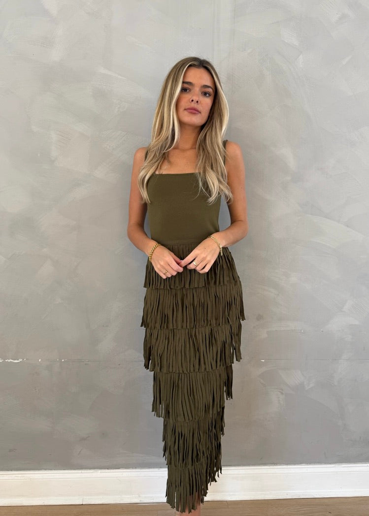 DRIFTWOOD FRINGE MIDI DRESS