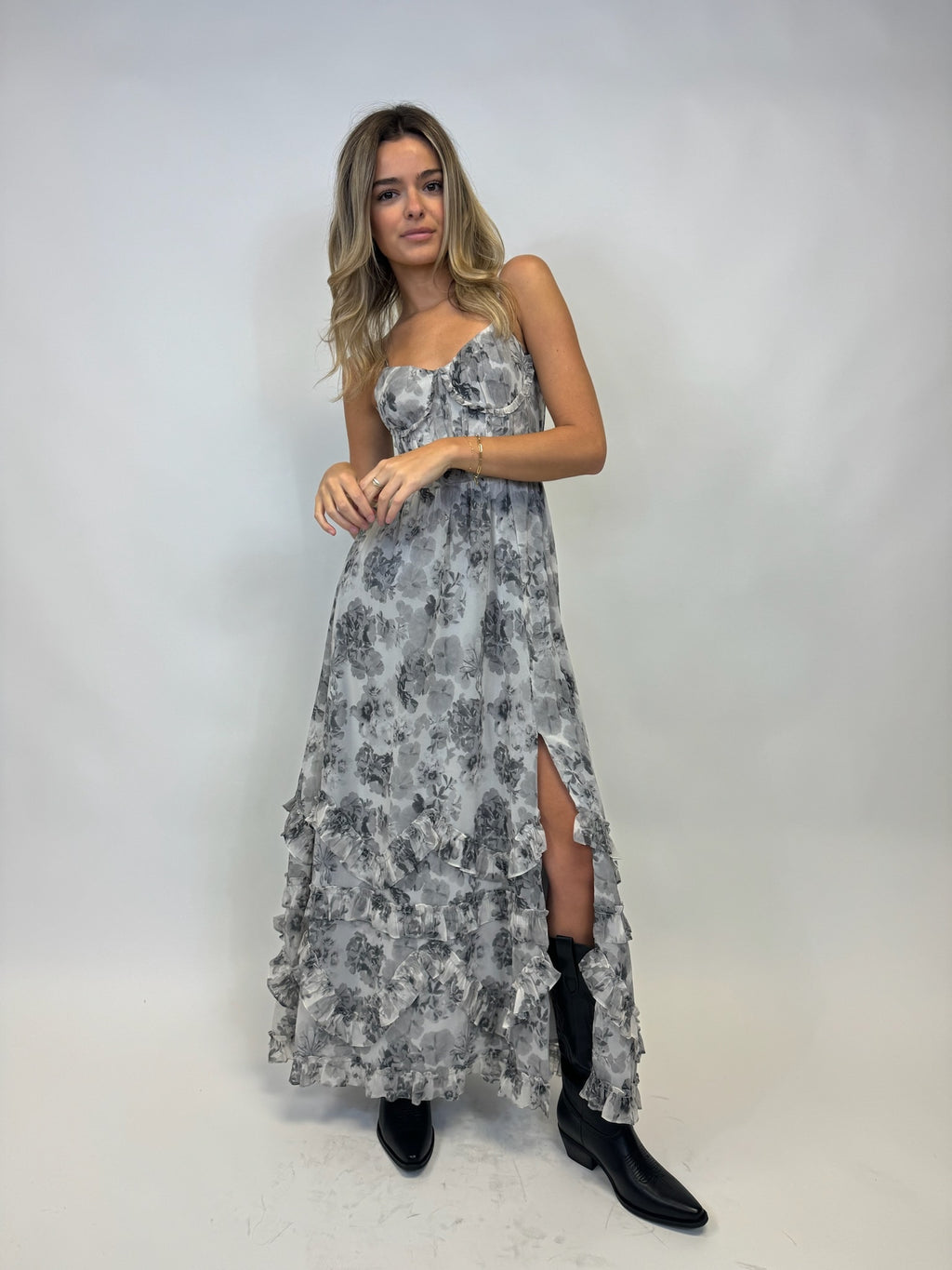 Grey Printed Floral Print Strappy Back Dress X29101